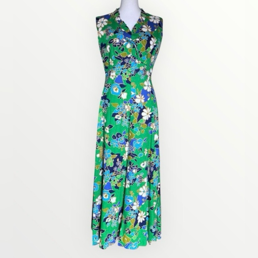 Vintage 60s Hookano Hawaii Floral Maxi Dress Green Blue Psychedelic Barkcloth